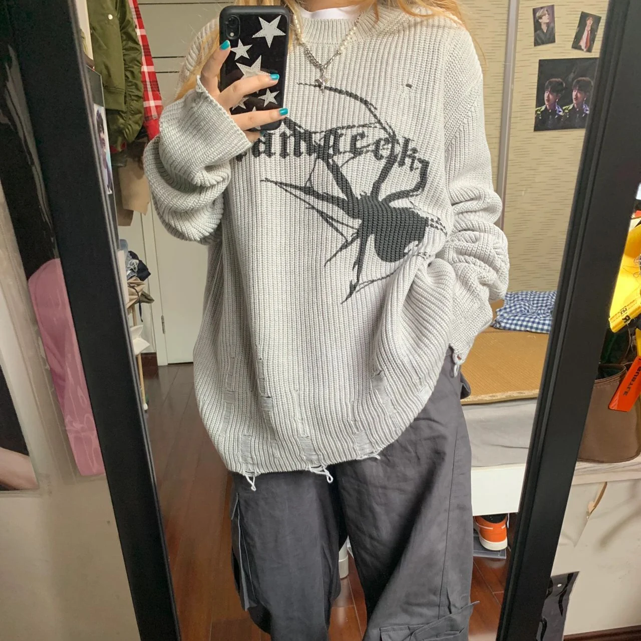 

Gaono Womens Y2K Grunge Gothic Style Long Sleeve Round Neck Spider Print Ripped Casual Party Street Frayed Sweater Tops