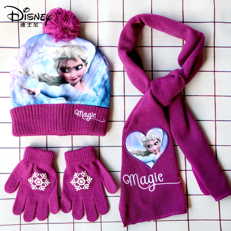Disney New Autumn and Winter Cute Children Magic Elsa Cartoon Scarf Hat glove three-piece Warm Boy Girl Child christmas hat 1