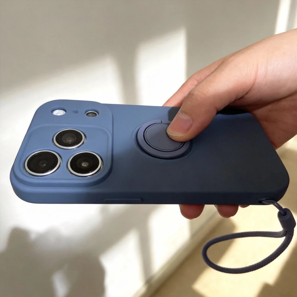 Liquid Silicone Phone Case with Ring Holder, Wrist Strap, and Shockproof Protection