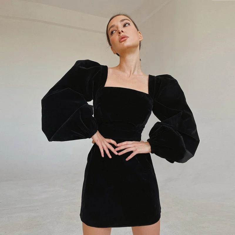 

Autumn New Square Collar Black Puff Sleeve Long Sleeve Pleuche Dress Women's Hip Skirt Yy18