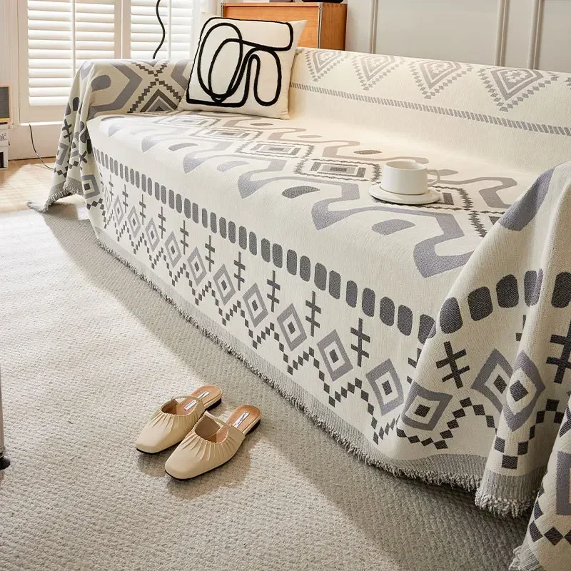 Boho Style Chenille Sofa Towel with Tassels, Double-side, for Living Room Camping Picnic Large Blanket Leisure Relax Beach Towel 3