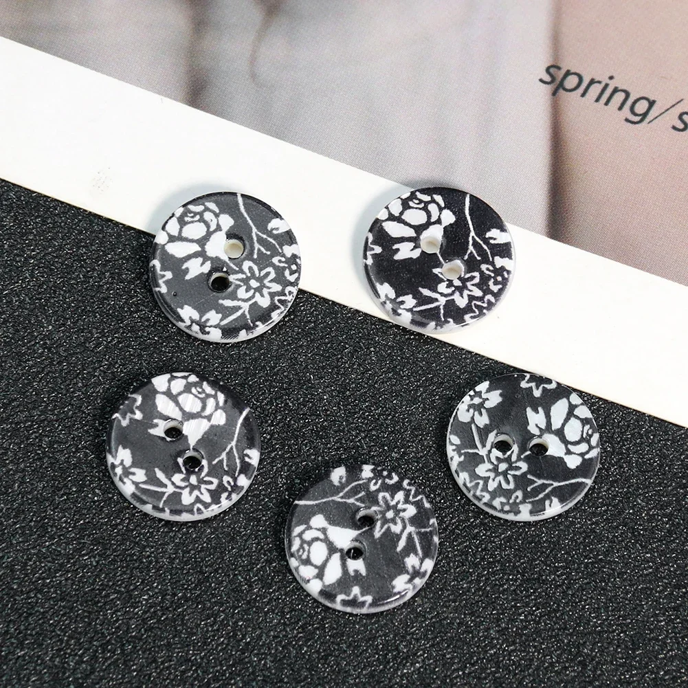 5PCS Round Shell Print Buttons for Clothing Two Hole Flat Back Craft Shirt Sewing Accessories Decorative Scrapbooking Supplies