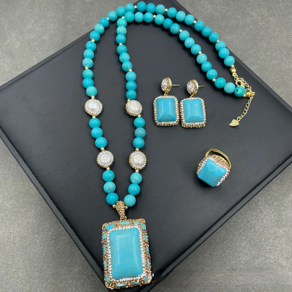 

New Turquoise Necklace Earring Ring Set for Women's Personalized Fashion Luxury Elegant Ladies Banquet Dress Exquisite Jewelry