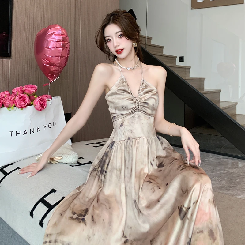 

Yanling New Summer Women's Clothes High Waist Belly Contracting Women's Dress Halter Backless Black Dress
