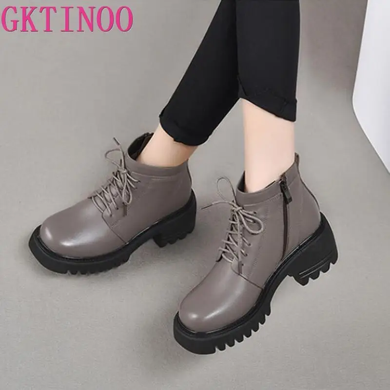 

GKTINOO Women Ankle Boots Genuine Leather 2023 Fashion British Style Short Boots Women Thick Sole Lace-Up Retro Booties Women