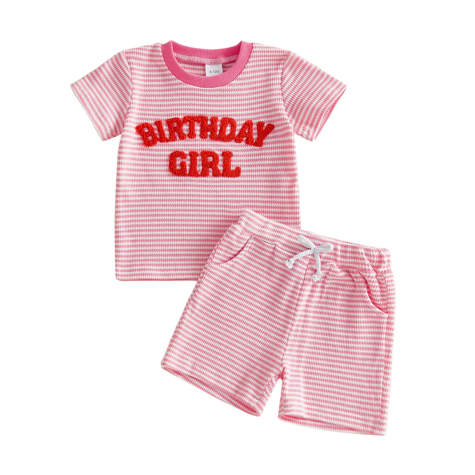 Stylish Girls Birthday Outfit Trendy Letter Embroidered Short Sleeve Top and Striped Shorts Set with Round Neck Design
