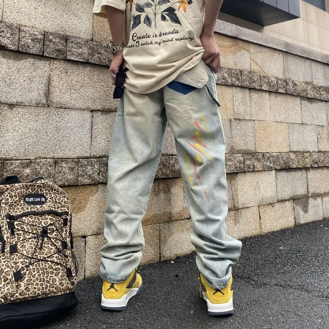 American Vibe Style Pants High Street Trendy Men'S Splashed Ink Yellow Mud Vintage Jeans Hiphop Straight Leg Pants