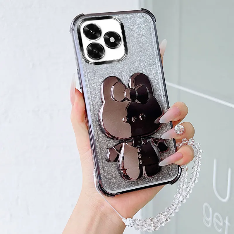 Luxury Shockproof Phone Case with Cute Rabbit Makeup Swivel Stand and Crystal Lanyard