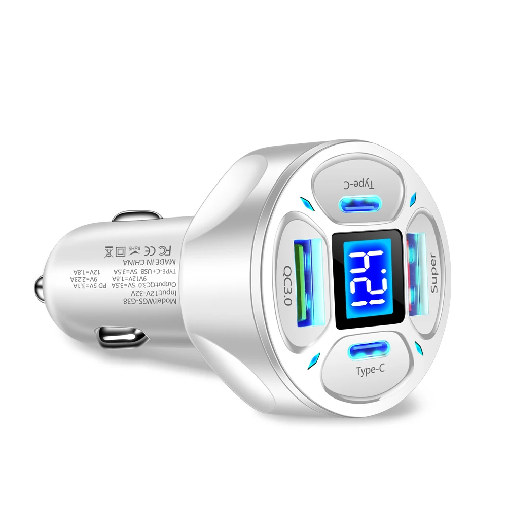 Adaptateur allume-cigare Laguna 66W PD QC3.0, 4 ports, chargeur de téléphone de voiture USB Type C, affichage numérique LED, charge rapide pour iPhone Samsung 7