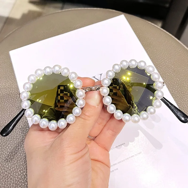 Kids Pearl Sunglasses Girls Retro Round Fashion Sunglasses Candy Color Lens Sun Glasses Eyewear for Children Cycling Goggles - Image 6