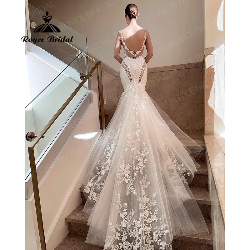 wedding dress for women Sexy Illusion Waistline Lace Wedding Dress Mermaid Backless Bridal Robes Appliques Court Train Bride Dresses Vestido De Noiva wedding dresses