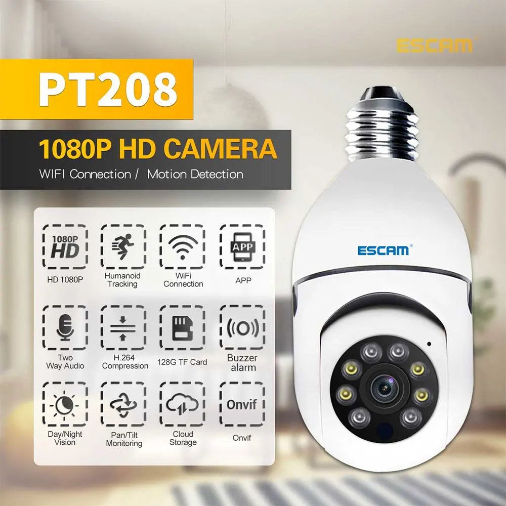 

ESCAM PT208 2MP 1080P Full Color E27 Lamp Head Socket PTZ IP Camera AI Humanoid Motion Detection Onvif Intercom Baby Monitor