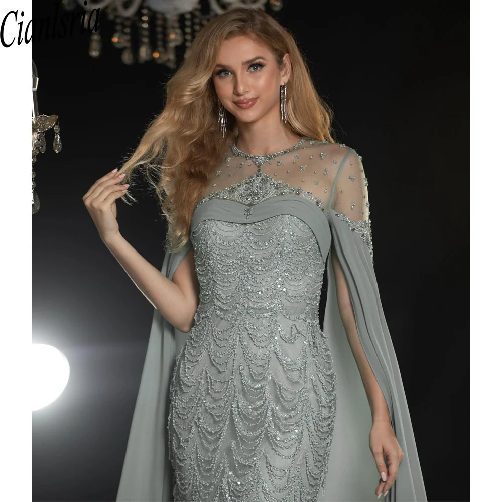 

Gray O-Neck Beading Crystal Dubai Mermaid Prom Dresses Illusion Ribbons Arab Formal Party Gowns