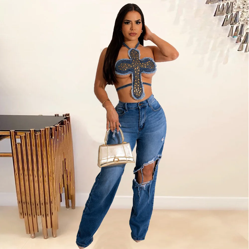 Sexy Hot Diamond Denim Tassel Crop Top Woemn 2023 New Fashion Streetwear  Halter Lace Up Backless Club Tube Clothes Y2K Tops