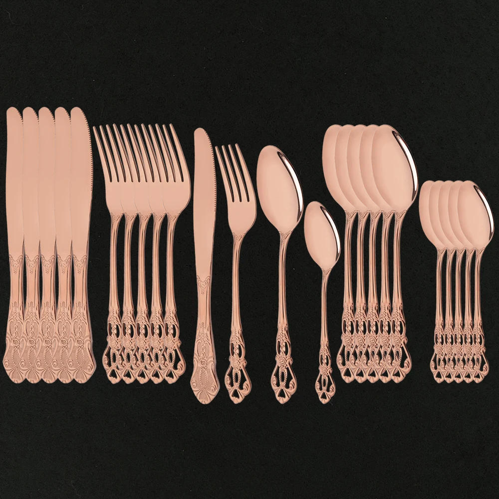 

Vintage Western Mirror Rose Gold Cutlery Tableware Set 24Pcs Dining Flatware Knife Fork Spoon Luxury Dinnerware Set Engraving
