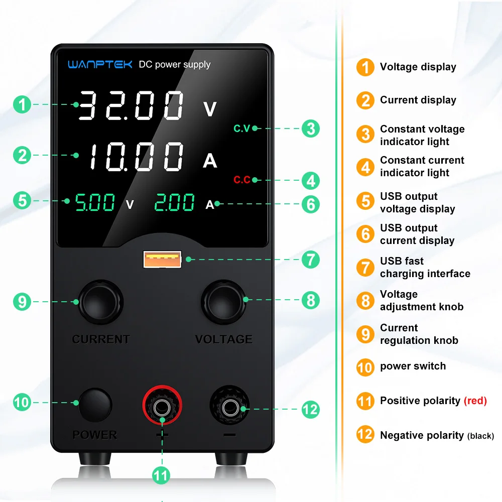 30 V 10 A einstellbares Gleichstromnetzteil mit USB-Schnellladeanzeige, Labornetzteil mit Encoder-Einstellung für die Reparatur von Mobiltelefonen – Detail 4