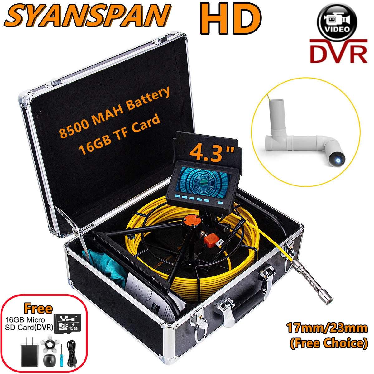 Piping Endoscope Cameras 4.3in HD 16GB DVR Monitor,10M-50M SYANSPAN IP68 Industrial Drain Sewer Pipe Inspection Camera Endoscope industrial endoscope camera monitor inspection cameras pipe sewer drain