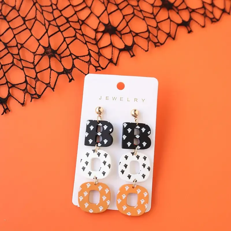 Cute Ghost Print BOO Halloween Acrylic Dangle Earrings for Women Fun & Quirky Party Jewelry Accessory Gifts
