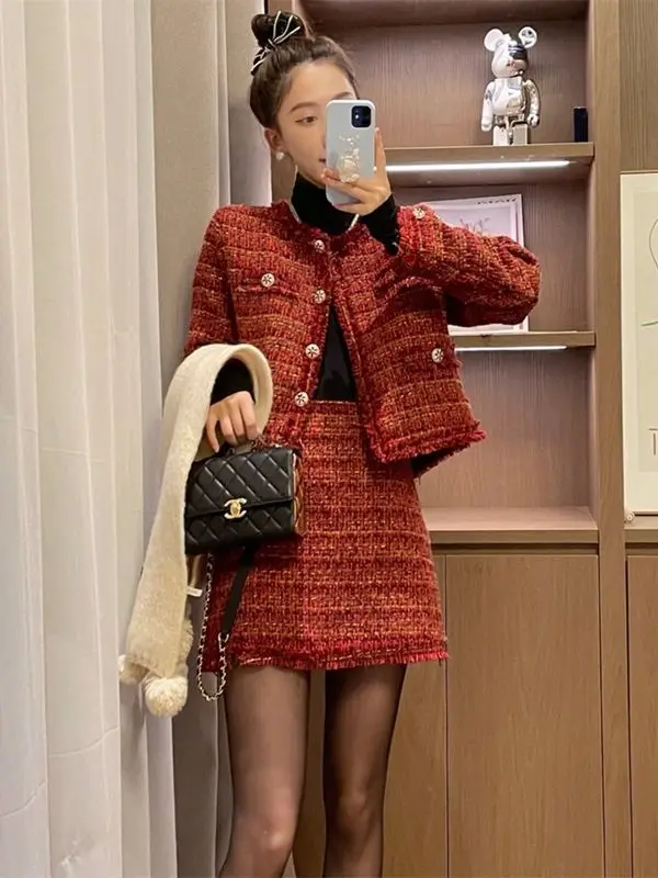

Red Elegant New Year Women's Suit Jacket Skirt Autumn Winter Socialite Thickened Christmas Tweed Coat Short Skirt Two-piece Set