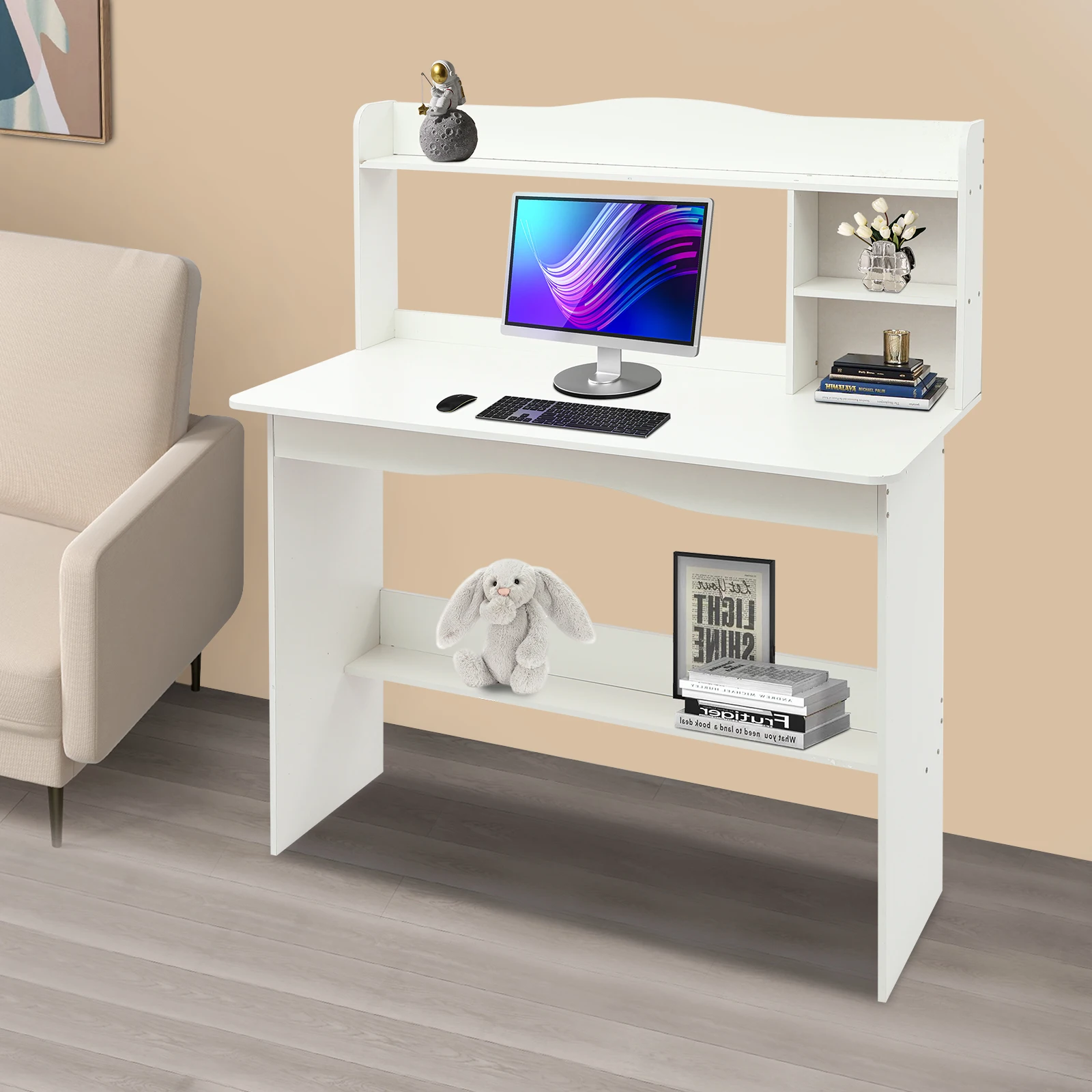 Free Standing Home Office Desk with Bookshelf, Writing Study Computer Workstation Laptop Table for Living Room, Bedroom, School 5