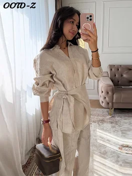 Casual Solid Shirt Trouser Suits Women Full Sleeve Lace Up Lapel Top Wide Leg Pants Lady Set 2026 Spring Summer Female Suit 1