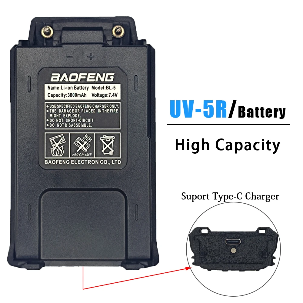 대용량 리튬 이온 배터리 Baofeng UV-5RE UV5R BF-F8 F9 워키토키용, USB-C 고속 충전 지원 Best5