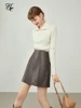 FSLE Women's Brown Leather Skirt Winter New Office Lady Mini Skirts A-line Skirt All-match Fashionable High Waist 2