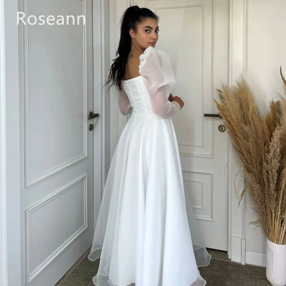 Muslim Exquisite Square A-line Wedding Dresses Puff Sleeve Satin Draped Pleat Full Bride Dresses Anck Length robe de mariée 6