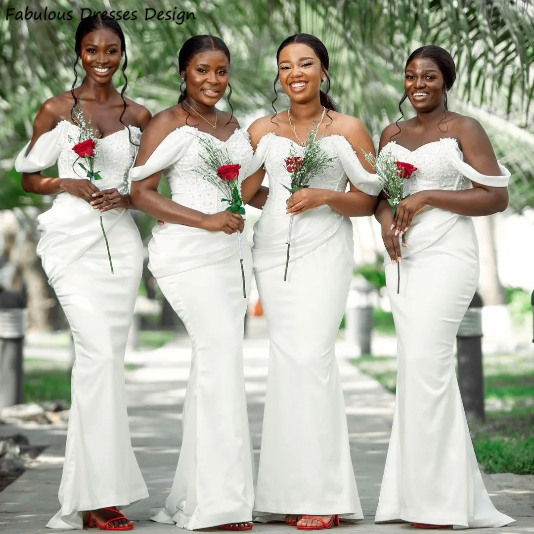 

Роскошные белые платья с открытыми плечами для подружек невесты длинное платье с юбкой-годе и вышивкой из бисера для свадебной вечеринки