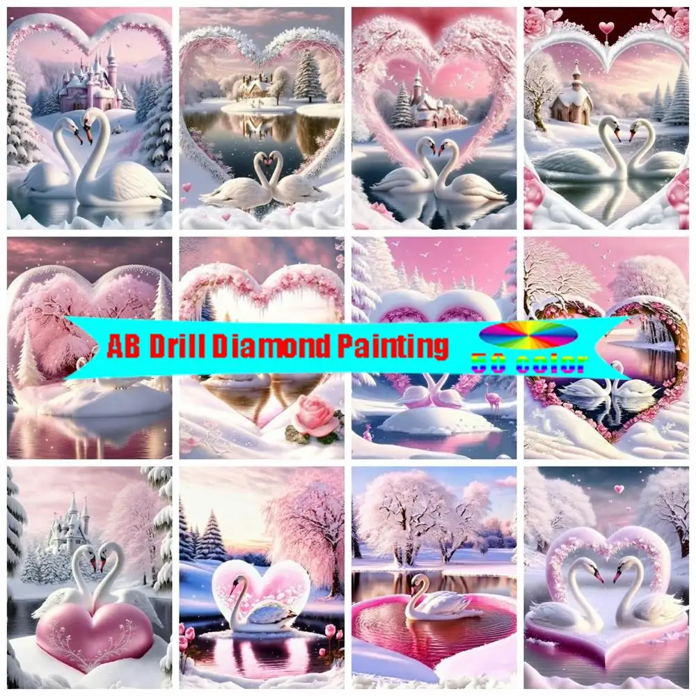 

5D DIY AB Diamond Painting Swan Heart Pink Snow House Full Diamond Mosaic Lake Embroidery Rhinestone Romantic Wedding Decor