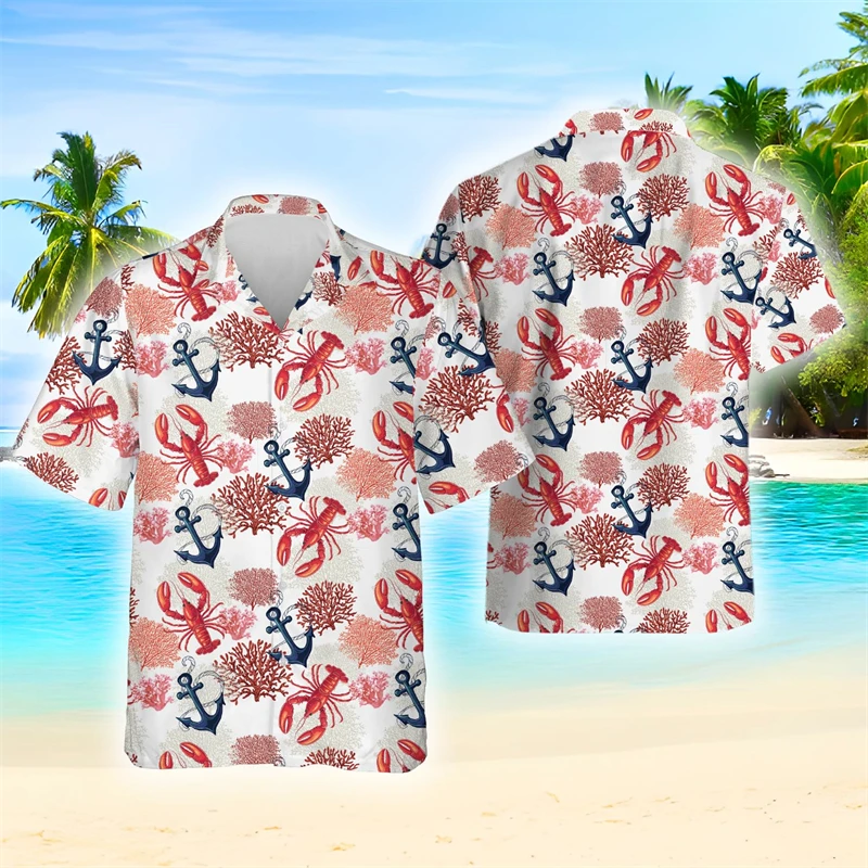 Hawaiian Lobster Anchor 3D Printed Shirts For Men Clothes Harajuku Fashion Seafood Beach Shirt Aloha Short Sleeve Blouses Tops