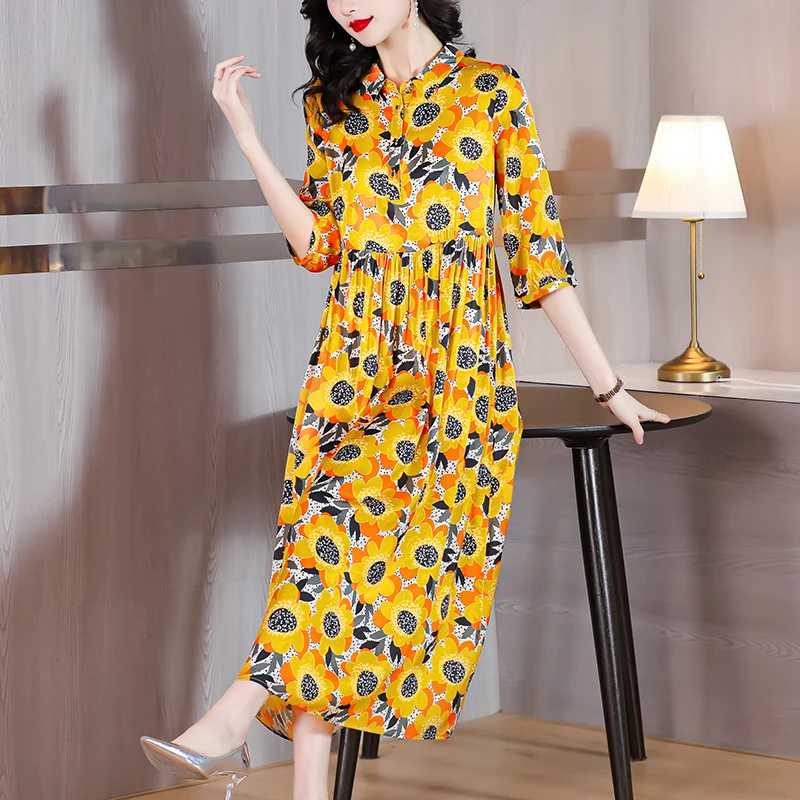 

2023 New Silk Short Sleeve Dress Women's Summer Fashionable French Floral Dress High-end Silk Shirt Dress