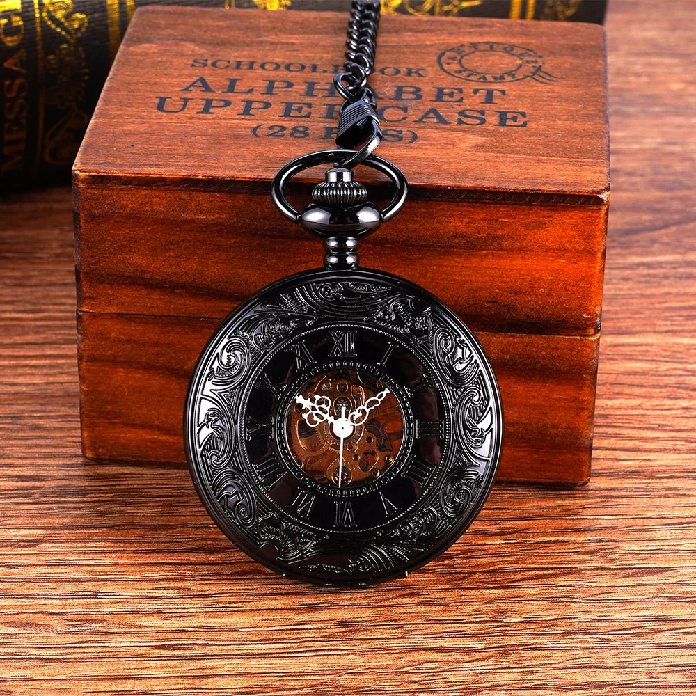 Luxury Mechanical Pocket Watch for Men Women Skeleton Dial Roman Numeral Engraved Case Fob Chain Pendant Clock for Collection