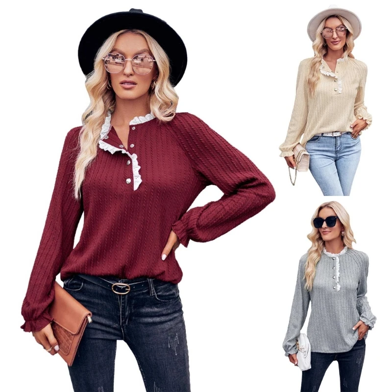 

Womens Fall Ruffled Button Neck Casual Fashion Tshirt Blouses Tops Long Sleeve Tunics Tops Cotton Tees Shirts