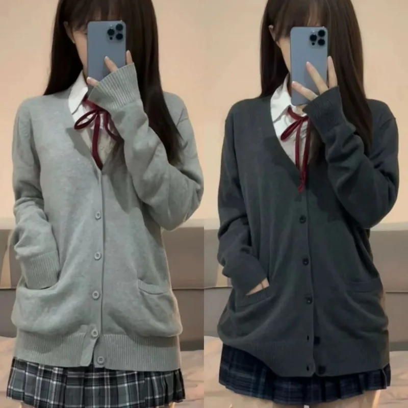 College Sweater Outerwear Cardigan JK Uniform Autumn Winter Japanese Solid V-neck Button Pocket Loose Thin Long Sleeved Knit Top images - 6