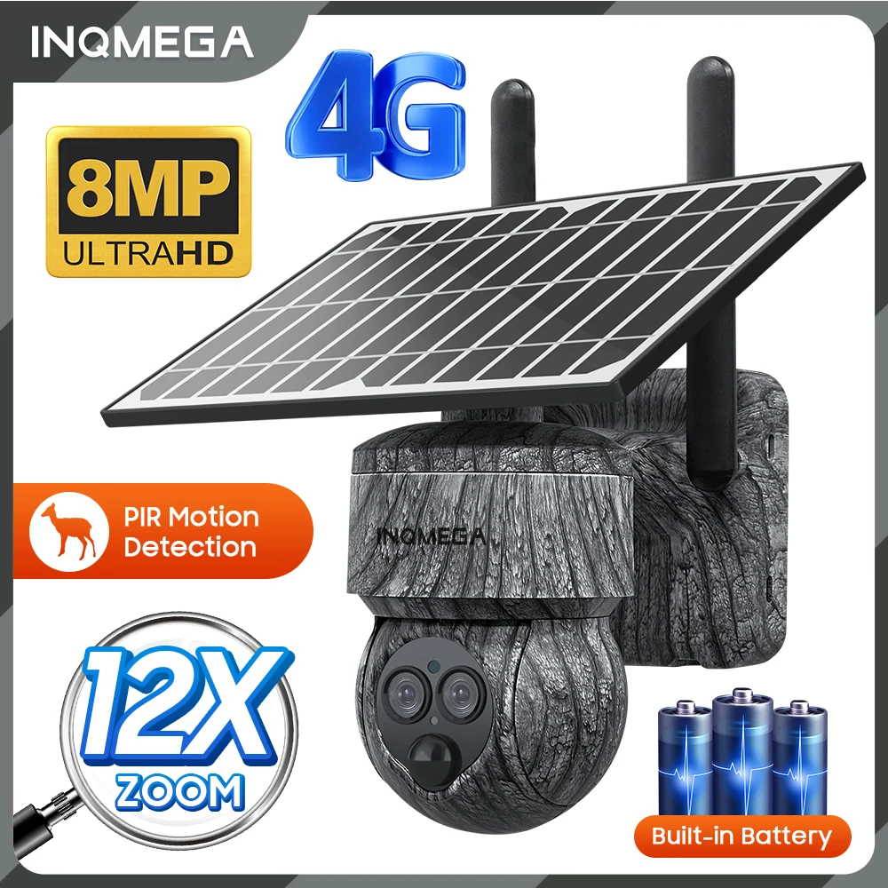 Inqmega 4G Sim Trail Camera 8Mp 4K 12X Zoom Pannello Solare Telecamera Di Sicurezza Caccia Solare Wildlife Camera Visione Notturna Sorveglianza