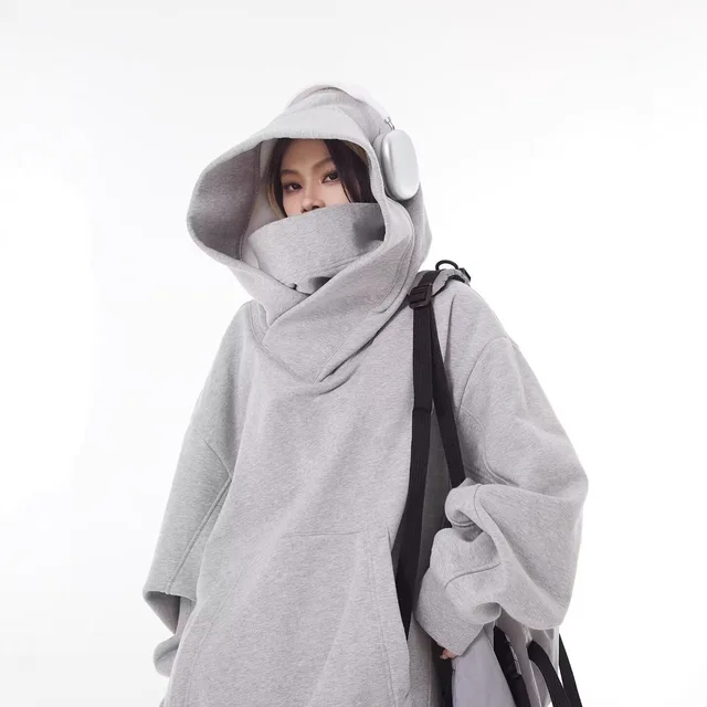 American Functional High Collar Hoodie Men's Nerd Design Loose Couple Outfit Spring Casual Long Sleeve Fleece Lined Polyester... 1