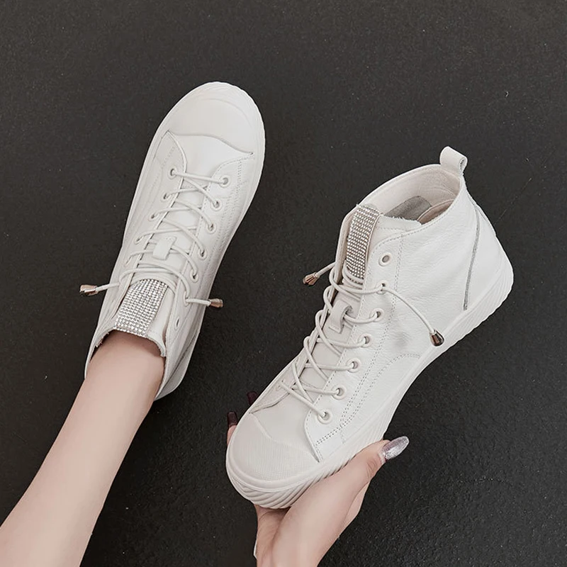 

Genuine Leather High Top Platform Sneakers Women Girls Cowhide Sneakers Loafers White Flat Slip on Vulcanized Rubber Sole Shoes