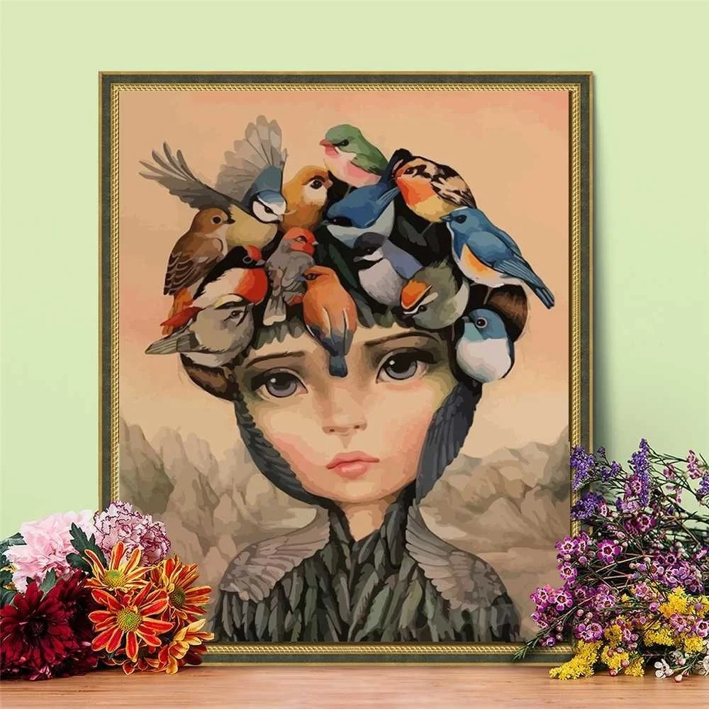 Description Picture 3 of itemHUACAN Paint By Number Girl DIY Pictures By Numbers Bird Kits Hand Painted Painting Art Drawing On Canvas Gift Home Decor