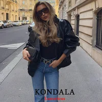 KONDALA Casual Chic Black Leather Jackets Women Long Sleeve Buttons Elastic Oversized Coats Fashion 2025 Fall Streetwear Coats