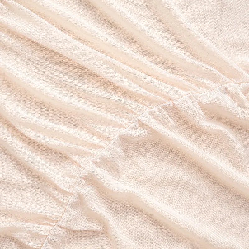 Summer See-Through Mesh T-shirt Top Women Pleated Patchwork See-Through Slim Cropped Top Tee Female Solid T-shirt Pullover