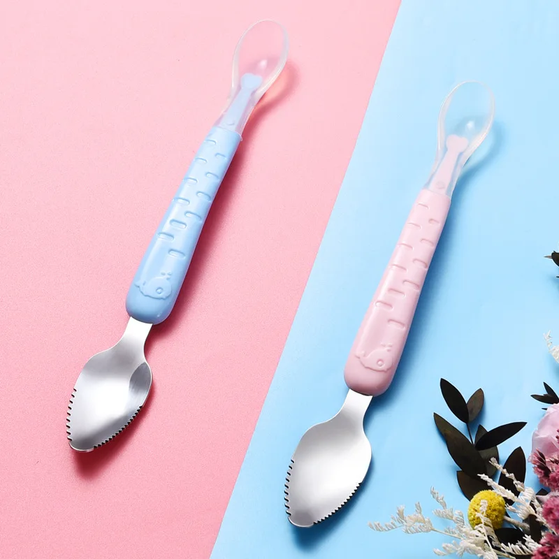 Baby Food Feeding Spoon Stainless Steel Scraping Silicone Soft Spoon Infant Tableware Utensil With Box Children Toddler Cutlery silicone cutlery set baby feeding spoon