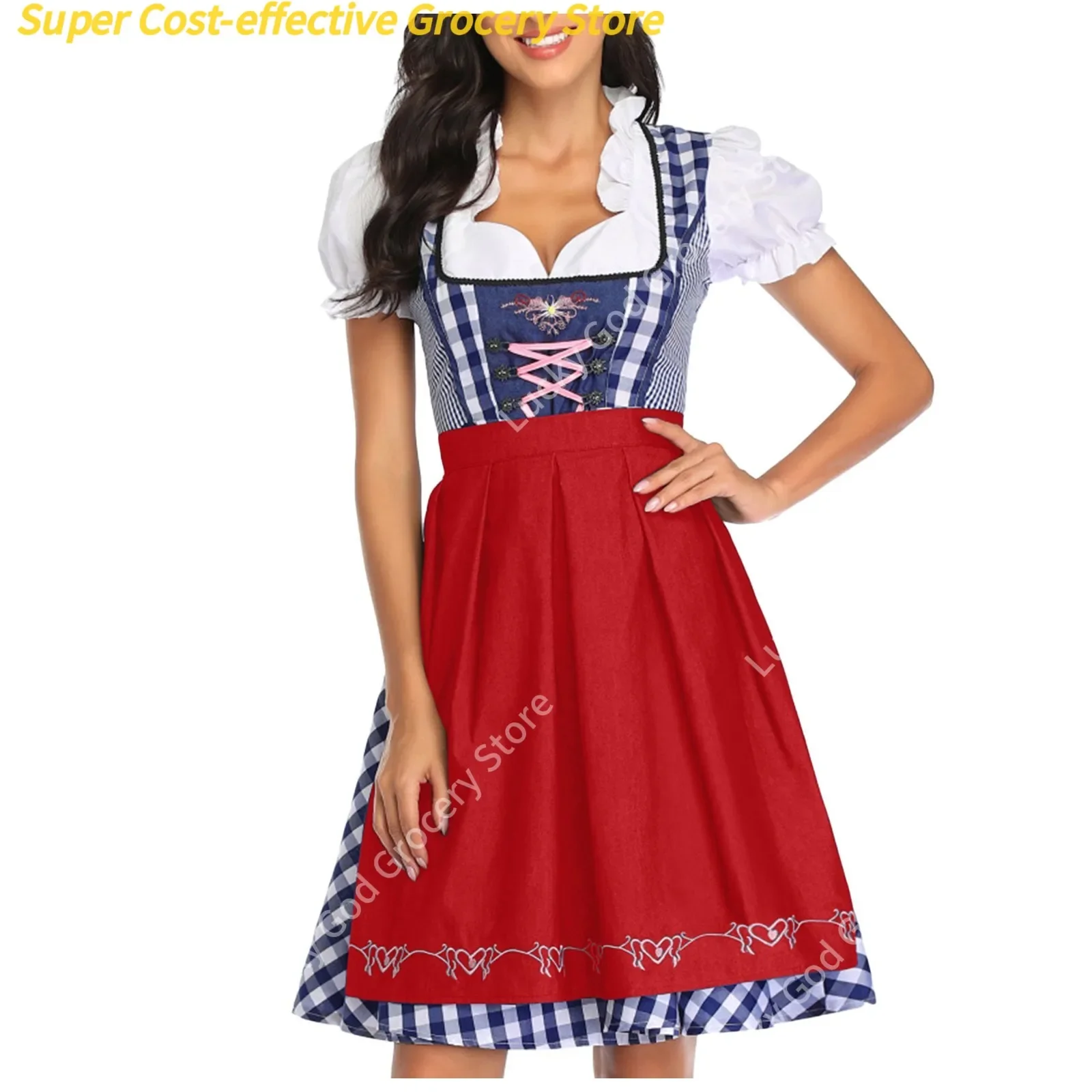 Oktoberfest Plaid Dirndl Dress Lady German Bavarian Beer Wench Waitress Apron Costumes Halloween Cosplay Carnival Party Dresses 4