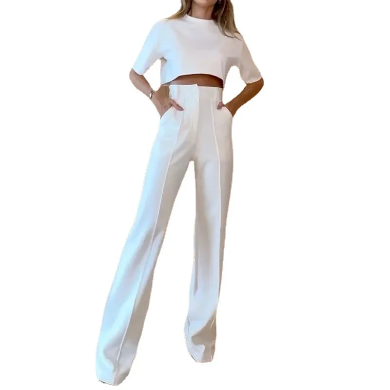 

LEOSD Women Pant Sets Fashion Short Sleeve Crop Top Straight Trousers Solid Two Piece Set Women Clothing