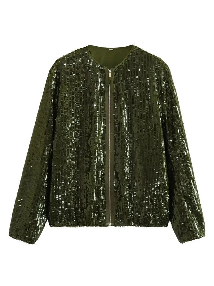 

Girls 2023 New Fashion Green Sequined Loose Jackets Womens O-Neck Long Sleeve Shiny Outwear Female Casual Bomber Coats Femme