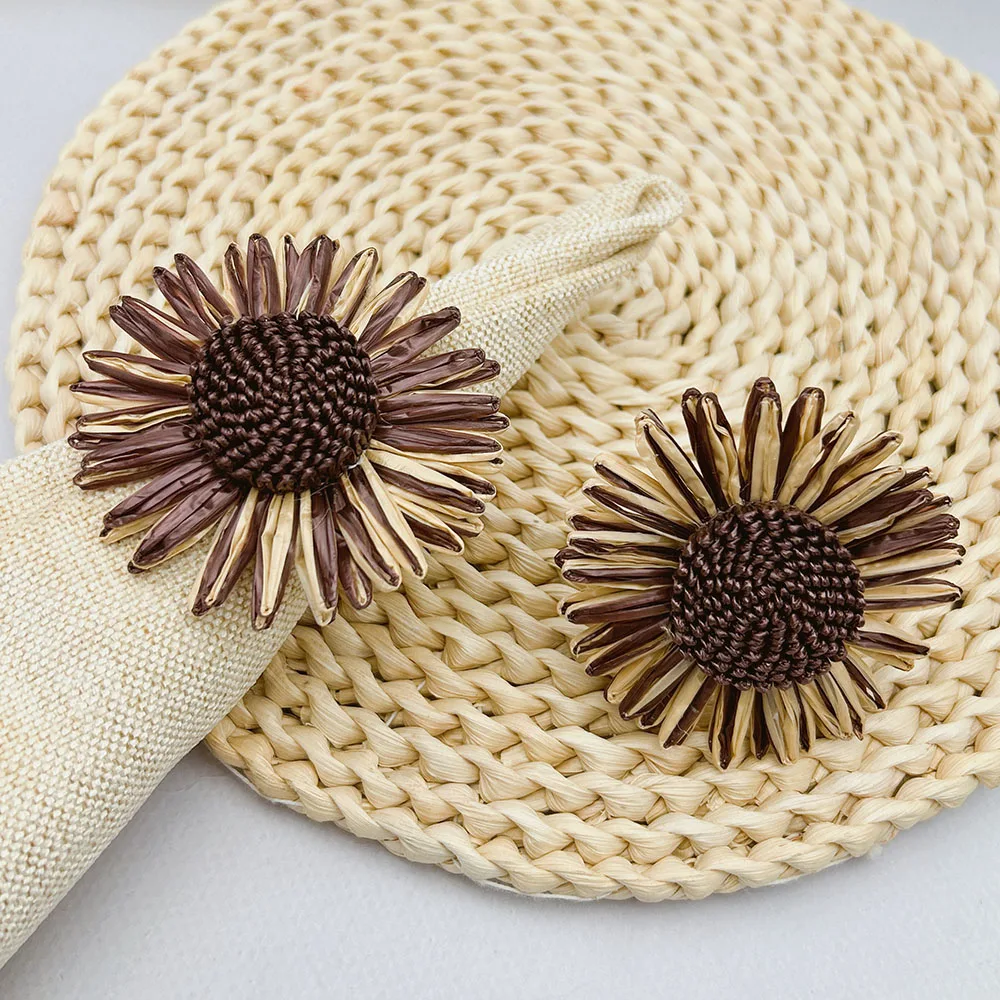 8Pcs Woven Daisy Napkin Rings Handmade Sunflower Farmhouse Napkin Holder for Wedding Thanksgiving Baby Shower Party Table Decor