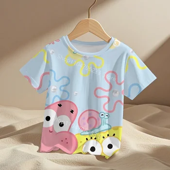 2025 Fashion T-shirt SpongeBob Tshirt Kids Cartoon Anime Print Boys Girls Short Sleeve Summer Fashion Casual T-shirt 1
