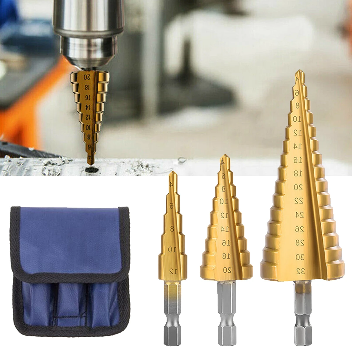 

Hexagonal Shank Pagoda Drill High Speed Steel Titanium Plated Step Drill Hole Expanding Tool Hole Opener Wholesale Step Drill