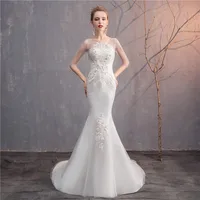 Y&M Novias O Neck Sleeveless Tulle Mermaid Wedding Dress A Line Lace Appliques Bridal Wedding Gowns Lace Up Vestido De Noiva 1