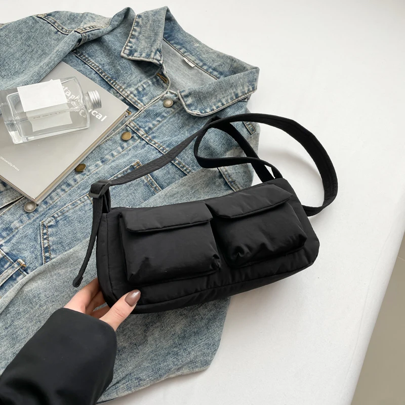 Borsa a tracolla casual da donna, tinta unita, semplice, stile messenger, grande capacità, in nylon, con chiusura a cerniera, per feste e vacanze - immagine 5